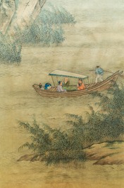 Chinese school, inkt en kleur op zijde, 18/19e eeuw: 'Theekransje op het water'